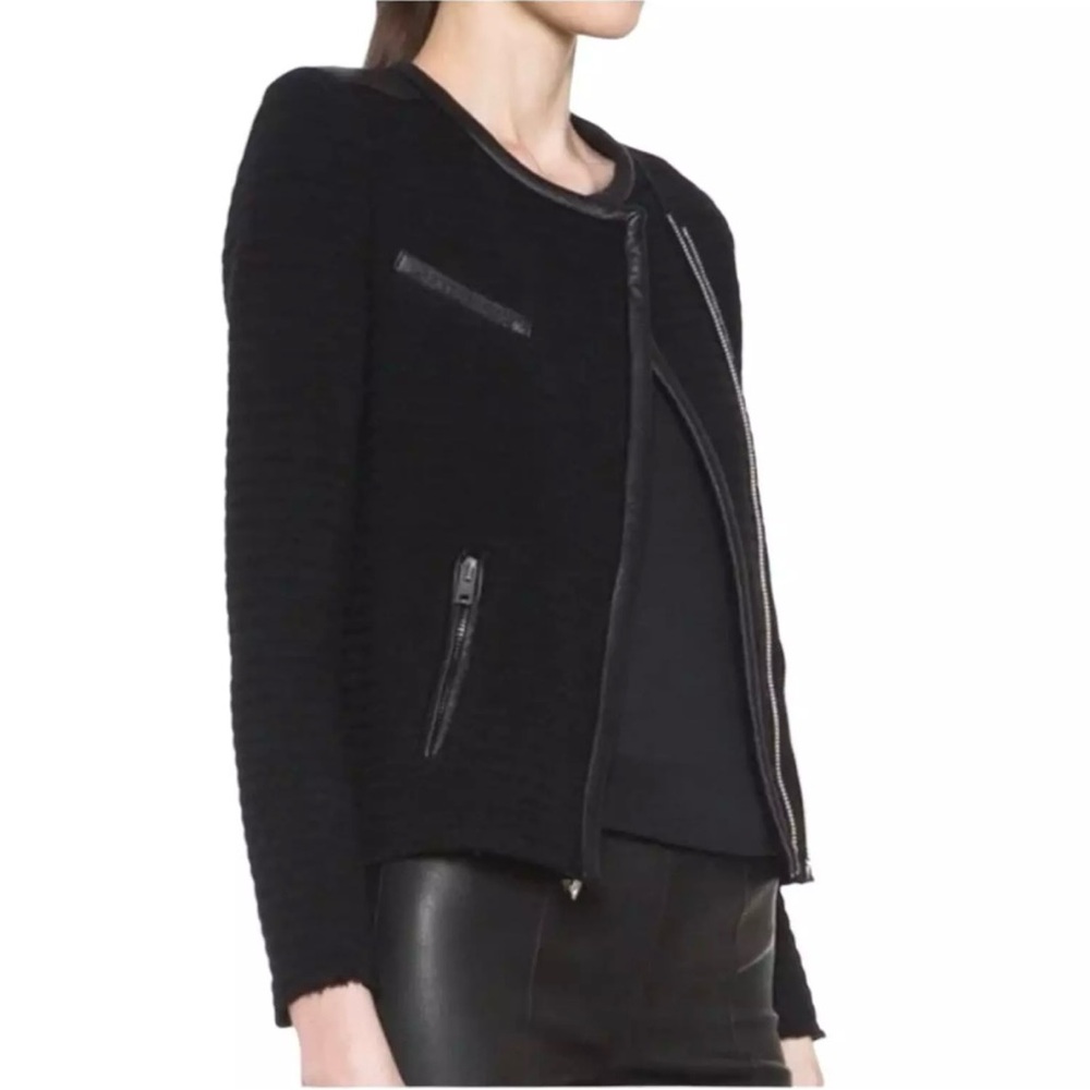 IRO Maiden Boucle‎ Knit Moto Jacket - Black Leather Trim Edgy Professional - Picture 3 of 12